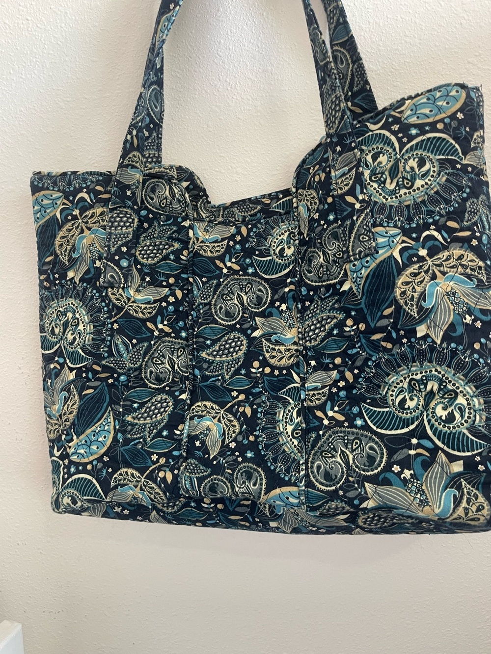 Quilted Floral Tote Bag in Navy Blue